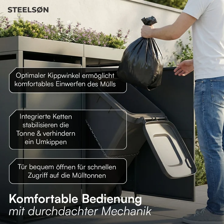 STEELSØN 'Thoria' Mülltonnenbox 2er je 120 Liter, anthrazit, Mülltonnenverkleidung aus Stahl, wetterfest, 111x62x117 cm, Müllbox mit Pflanzendach für 2 Tonnen – Bild 3