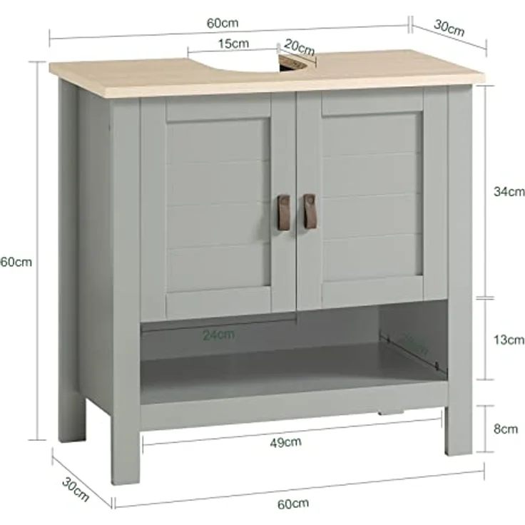 SoBuy Waschbeckenunterschrank BZR69-HG, 2-türig aus MDF, hellgrau, 60 cm, verstellbarer Zwischenboden, inklusive Siphonaussparung – Bild 3