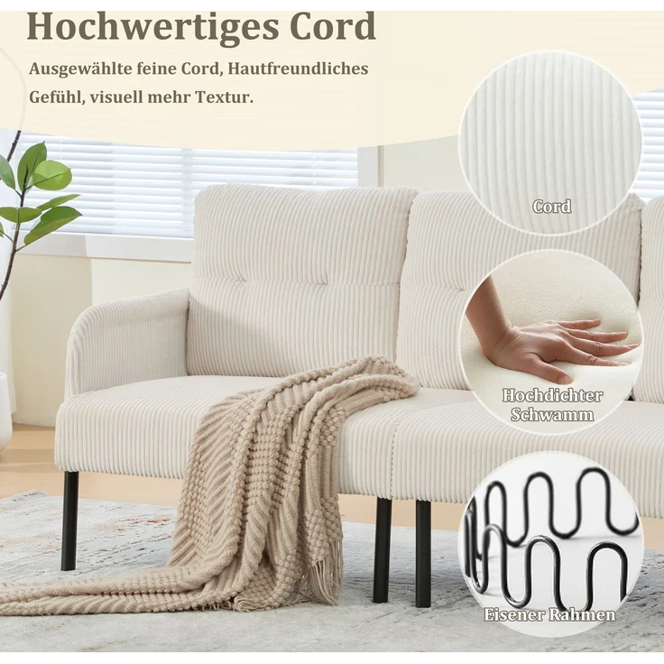 LVHOM 3-Sitzer Sofa mit Metallsockel, Polstersofa mit Seitentaschen, Loungesofa aus Cordstoff, Ergonomisches Stoffsofa, 171x72x80cm – Bild 4