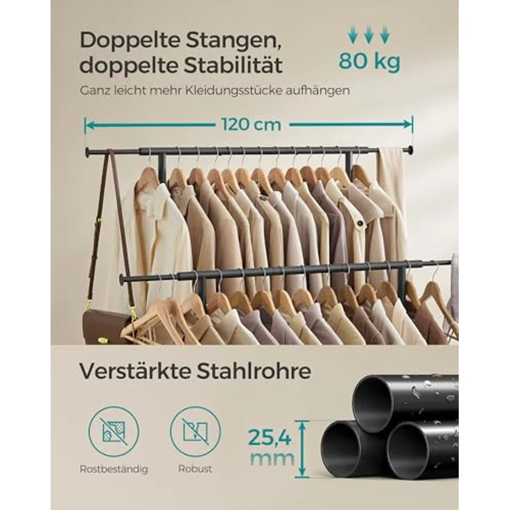 Songmics Kleiderständer auf Rollen, doppelte Stangen, ausziehbare Kleiderstangen, Garderobenständer aus Stahlrohren, bis 80 kg belastbar, 83-120 cm breit, Tintenschwarz – Bild 5