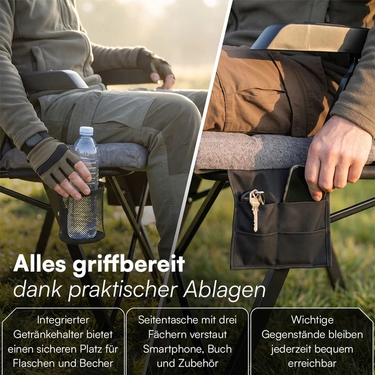 STEELSØN 'Hoggar' Set aus Campingstuhl mit Seitentasche & Getränkehalter und Hocker, faltbar, grau, gepolsterter Campingstuhl, bis 150 kg – Bild 4