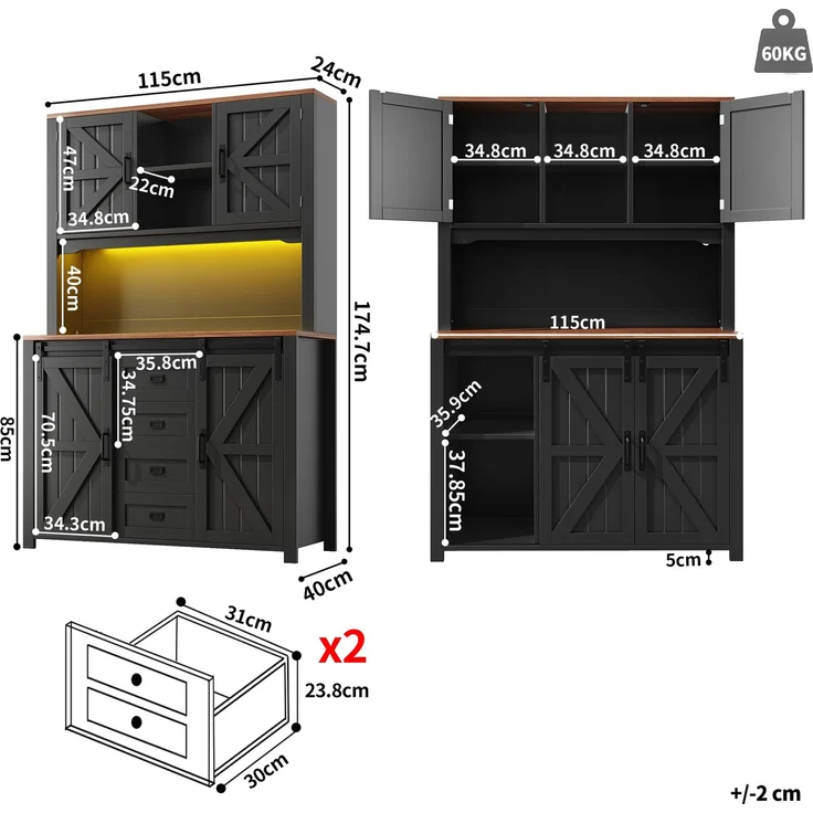 EINHOM Küchenschränke (115 x 40 x 174, 7 cm), Hohe Küchen sideboards, Sideboards, Küchenschränke mit Schiebetüren und LED-Beleuchtung, Schwarz/weiß – Bild 2