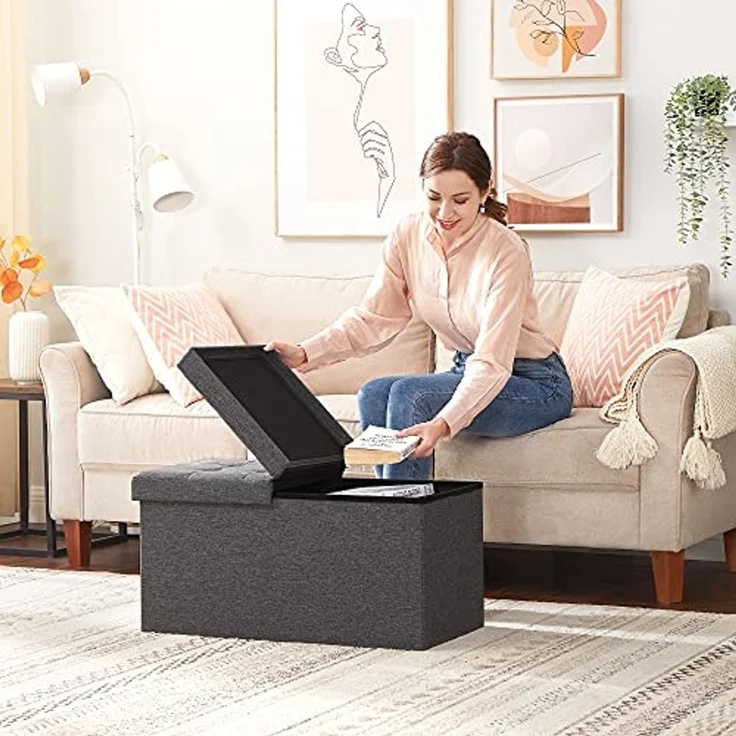 SONGMICS Sitzbank mit Stauraum, Sitztruhe, Aufbewahrungsbox, 38 x 76 x 38 cm, Deckel klappbar, bis 300 kg belastbar, Flur Wohnzimmer Schlafzimmer, Samt, schiefergrau LSF048GN01 – Bild 2