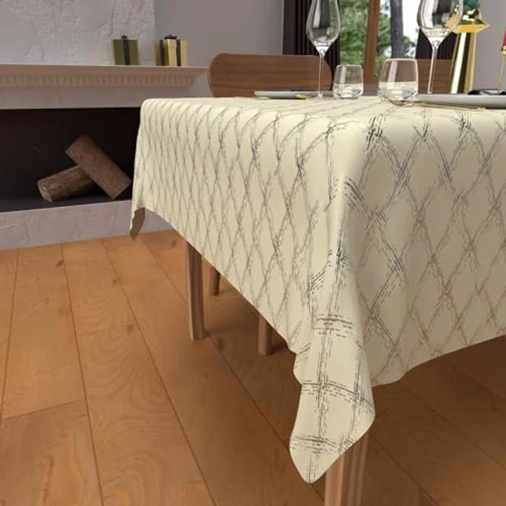 Soleil d'ocre, Tischdecke, Festive, rechteckig, schmutzabweisend, aus Reiner Baumwolle, 160x300 cm, Celeste, silberfarben – Bild 3