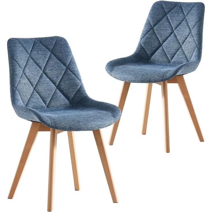 B&D home Esszimmerstühle 2er Set, Polsterstuhl mit Massivholz Buche Beine, gepolsterter Küchenstuhl Landhausstil, Design Stuhl Esszimmer und Küche, Webstoff Blau