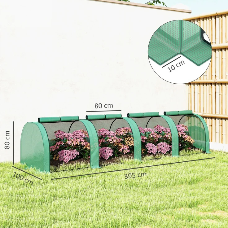 Wohnora-Mini-Gewächshaus für Tomaten, 4 x 1 x 0,80 m, Stahl, UV-beständiges PE, 4 Türen mit aufrollbaren Reißverschlüssen, grün,H 800cm x T 1000cm x B 1000cm – Bild 4