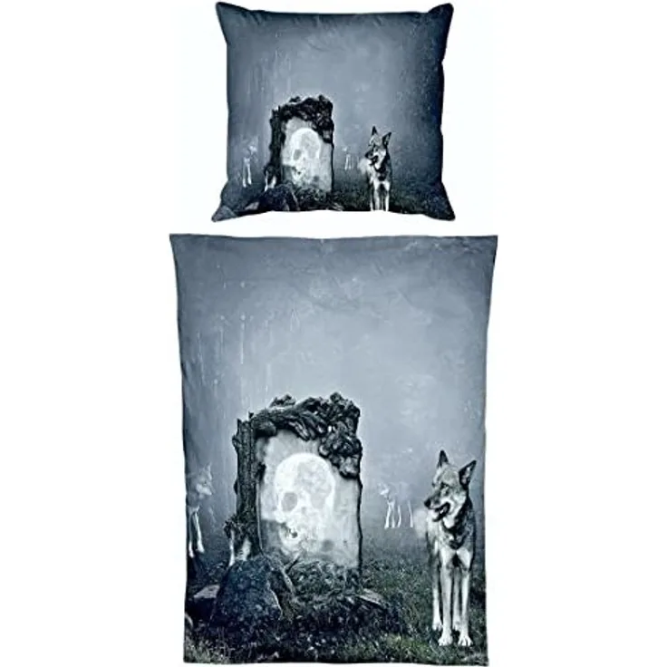JACK Bettwäsche Microfaser Bettwäsche 135x200cm Wolf Guard Tier Fantasy Totenkopf Grau, Microfaser, 2 teilig, fotorealistischer Print Druck, Mystisch und geheimnisvoll Wolfsrudel