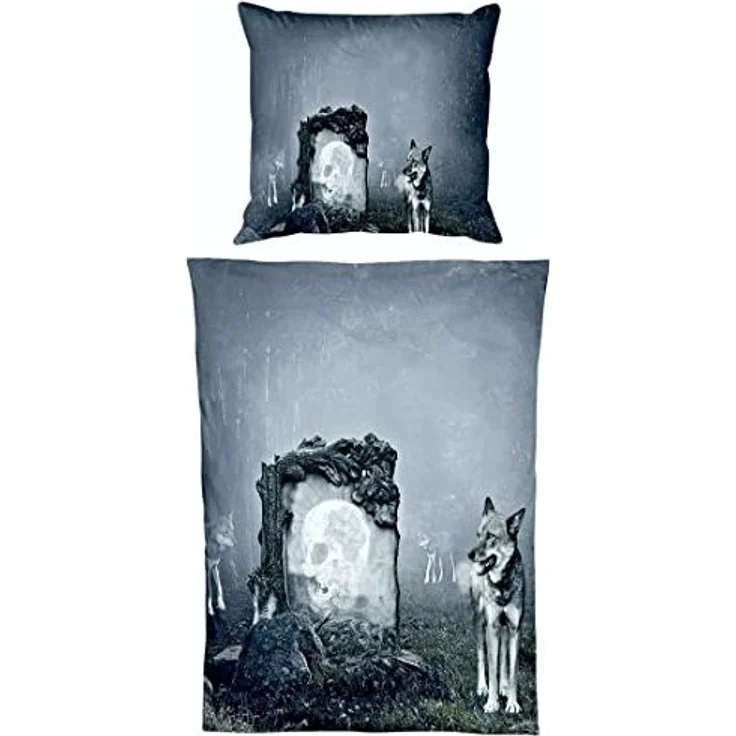 JACK Bettwäsche Microfaser Bettwäsche 135x200cm Wolf Guard Tier Fantasy Totenkopf Grau, Microfaser, 2 teilig, fotorealistischer Print Druck, Mystisch und geheimnisvoll Wolfsrudel – Bild 1