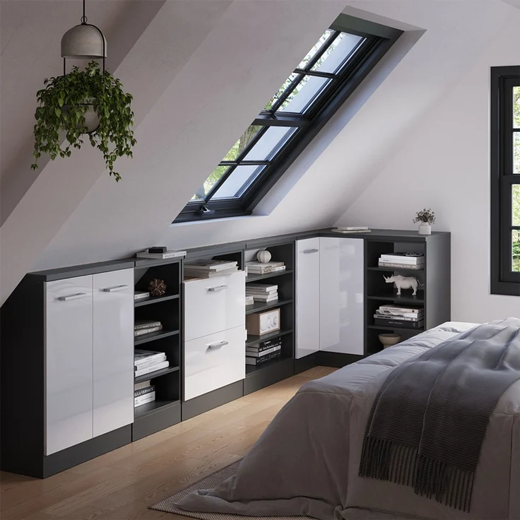 Eck-Küchenschrank für Dachschrägen R-Line Weiß Hochglanz 75.6 cm mit 1 Tür Vicco – Bild 6