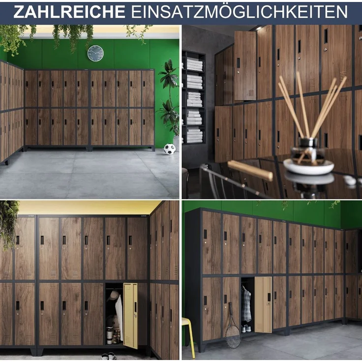 Umkleideschrank Spind BERLIN - 10 Abteile, Etikettenhalter Lüftungsschlitze | Umkleidespind Schließfachschrank Garderobenspind, 172x136x45cm Anthrazit-Nussbaum – Bild 6