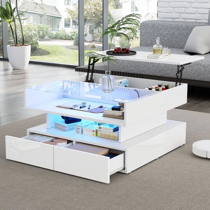 Couchtisch mit hydraulischer Hubfunktion und LED-Beleuchtung, Hochglanz Oberfläche, 2 Schubladen & gehärtetem Glas,Weiß – Bild 1