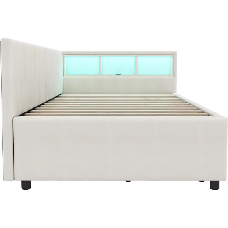 Schlafsofa mit LED-Beleuchtung, Lattenrost, Schubladen, USB/Typ-C Anschlüssen, 90x200cm, Polsterbett, Einzelbett, Leinen – Bild 8