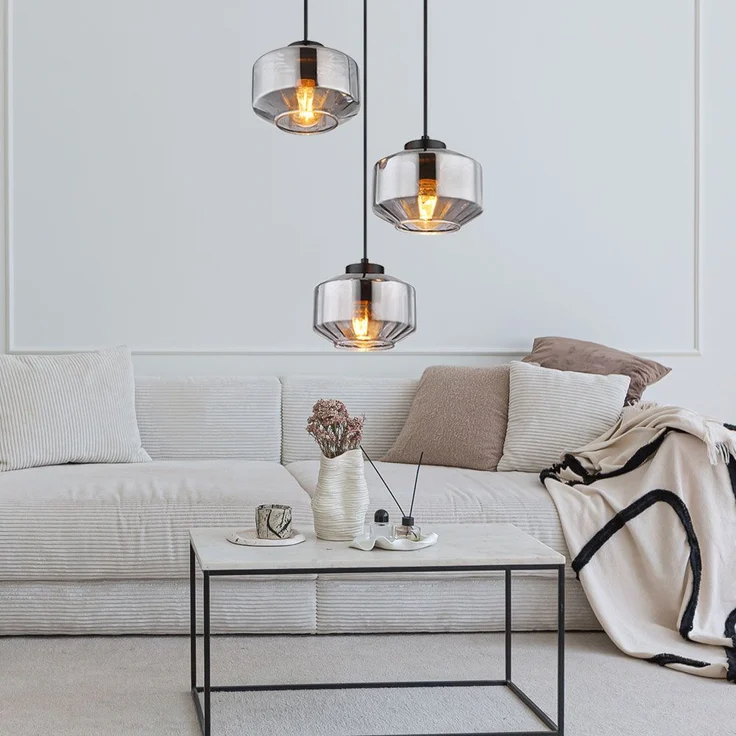 Hängeleuchte, 3-flammig, Metall Glas, schwarz rauch, H 120cm – Bild 8