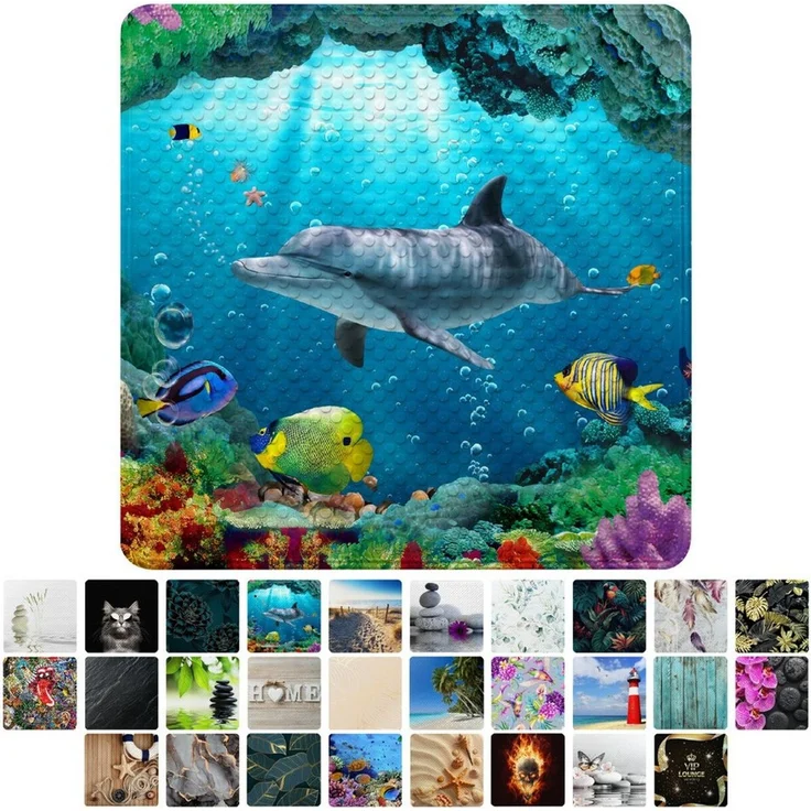 Sanilo Duschmatte, mit Motiv, rutschfest, waschbar, quadratisch, 230 extra starke Saugnäpfe, Kunststoff PVC, 53 x 53 cm, Delphin – Bild 1