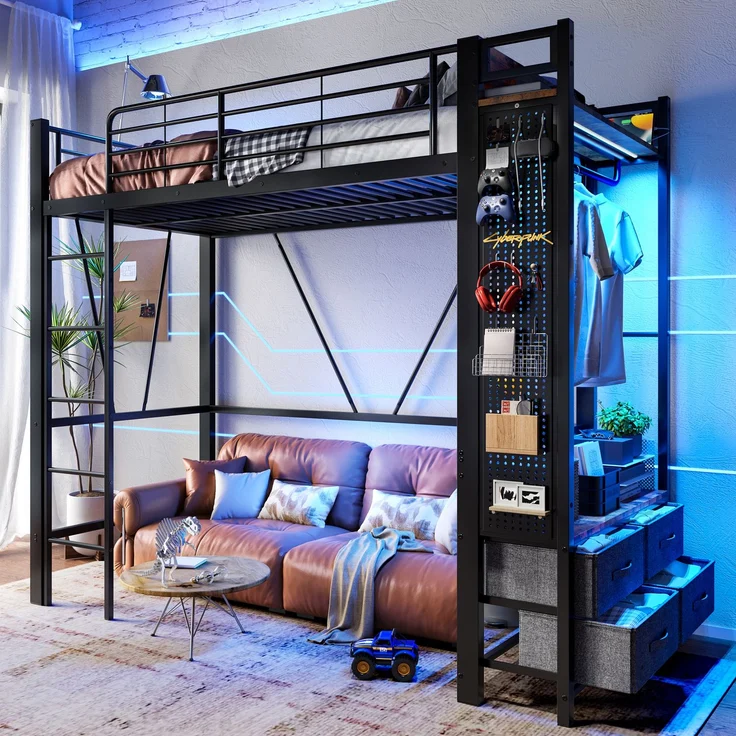 EINHOM Hochbett, 90 x 200 cm, Eisenrahmen, mit Trockenstab, mit Einlegeböden, 4 Schubladen, mit USB + Type-C, LED-Leiste, Geländer, Trittleiter, mit Lochbrett, Schwarz (Ohne Matratze) – Bild 1
