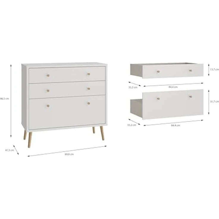 Forte HARLLSON Sideboard 90, Mid-Century-Modern Stil, leichte Montage Dank EasyKlix by Forte, 3 Schubladen, hohe Füße, Holzwerkstoff, Weiß, 89,8 cm breit x 86,5 cm hoch x 41,5 cm tief – Bild 6