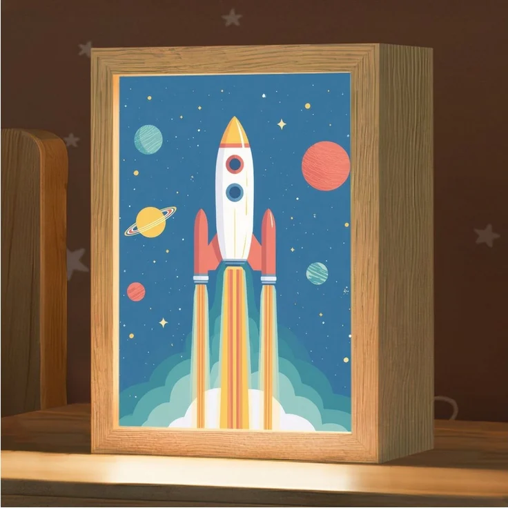 OnlyWow Nachttischlampe Lightbox Rakete - Planeten - Weltraum - Jungen, Dimmbar, Farbwechsel, LED, Warmweiß, Kaltweiß, Neutralweiß Einstellbar, Kinderzimmer, Babyzimmer, Dimmbar, mit Kabel, Nachtlampe, LED – Bild 1