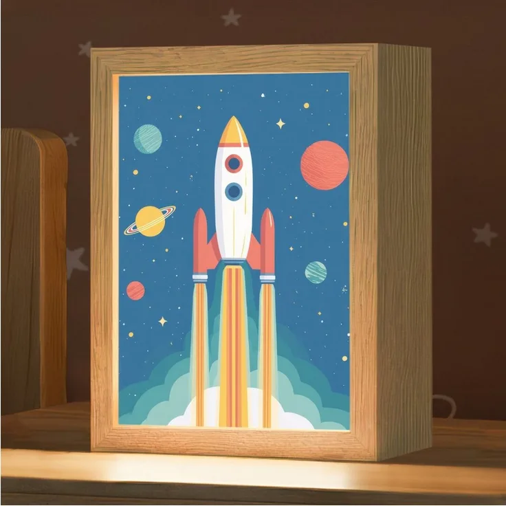 OnlyWow Nachttischlampe Lightbox Rakete - Planeten - Weltraum - Jungen, Dimmbar, Farbwechsel, LED, Warmweiß, Kaltweiß, Neutralweiß Einstellbar, Kinderzimmer, Babyzimmer, Dimmbar, mit Kabel, Nachtlampe, LED