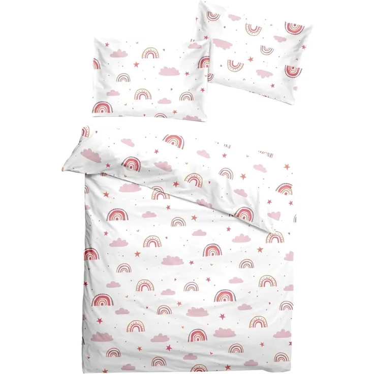 soma Babybettwäsche Renforcé Baby Wende Bettwäsche 100x135 Regenbogen Wolke pink rosa weiß, Renforcé, 2 teilig, Babybettwäsche Rainbow Baumwolle warme winter weihnachtsbettwäsche