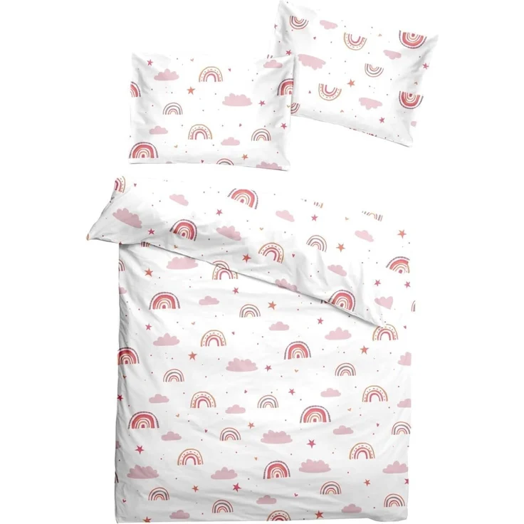 soma Babybettwäsche Renforcé Baby Wende Bettwäsche 100x135 Regenbogen Wolke pink rosa weiß, Renforcé, 2 teilig, Babybettwäsche Rainbow Baumwolle warme winter weihnachtsbettwäsche – Bild 1
