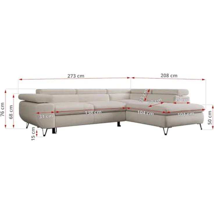 Mks Möbel 'Peter L-form' Ecksofa mit Bettfunktion, Bettkasten & einstellbaren Kopfstützen, Hellbeige, Mikrofaser, links – Bild 4