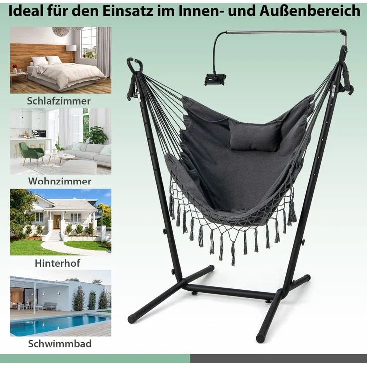 Hängesessel mit Ständer Höhenverstellbarer Hängesitz mit Kissen 152 x 107 x 96-146 cm Grau