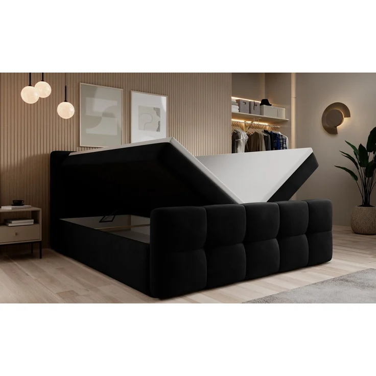 thematys Boxbett mit Bettkasten 160x200cm, mit Bonnellfederkernmatratze H3, Bouclé/Velours, mit Stauraum, mit 3 cm Topper, Schwarz (Velluto 20), Art.-Nr. S04GH0RGAJ4 – Bild 4