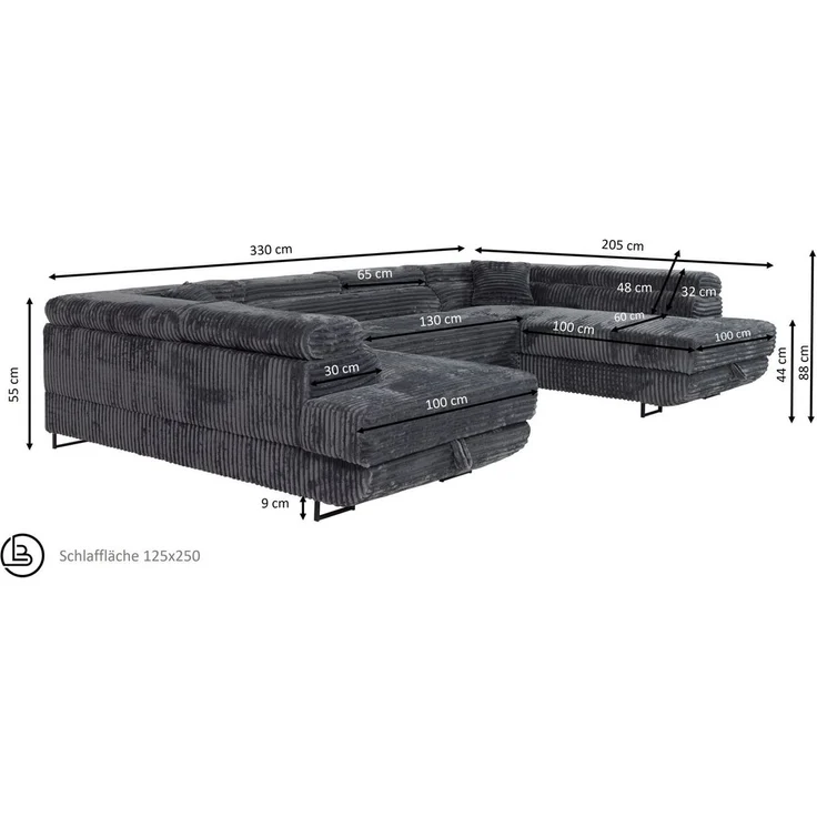 Labett Wohnlandschaft mit Schlaffunktion & Bettkasten GUSTAVO U-Form Sofa aus Cord – Bild 3