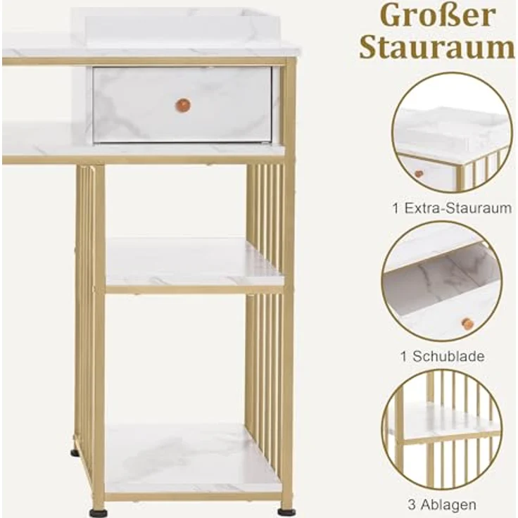 M MCombo Schreibtisch mit Schubladen, Nageltisch mit Regal, Manikürtisch aus Holz Metallgestell, Schminktisch ohne Spiegel Wohnzimmer Modern, Marmor-Weiß Gold, 2498 – Bild 5