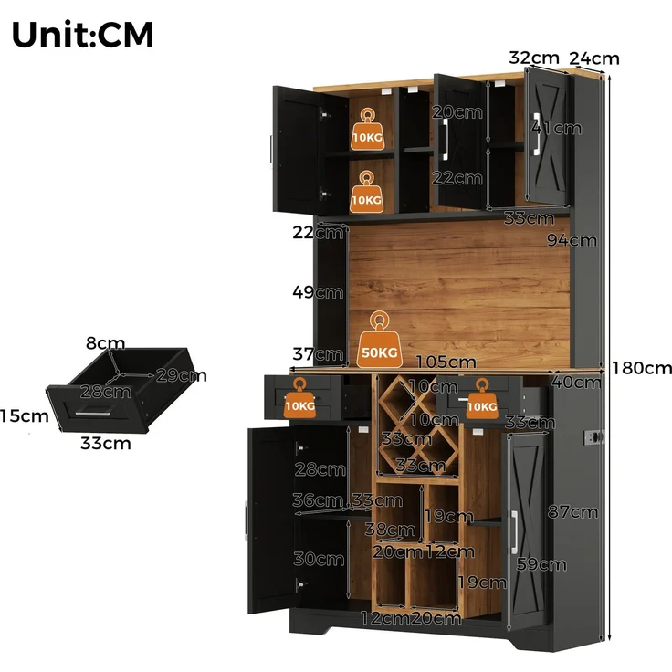Küchenschrank, hoher Stauraumschrank mit LED-Beleuchtung, Vorratsschrank mit Weinregalen, Weinschrank & Vitrinenschrank für Wohnzimmer und Esszimmer, 180 × 105 × 40 cm--Natur2 + Schwarz--105x40x180cm--YOUDENOVA – Bild 4
