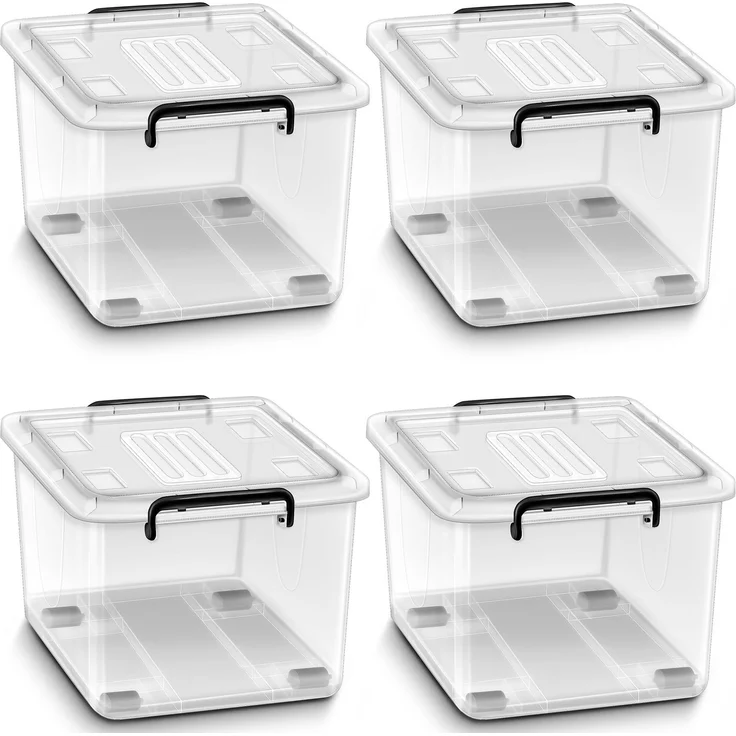 tillvex® Aufbewahrungsboxen mit Deckel 4er Set - 88L, lebensmittelecht | Kunststoff Boxen Set stapelbar | Aufbewahrung Ordnungssystem Box groß | Aufbewahrungsbox Kleiderboxen transparent 100% Neumaterial – Bild 1