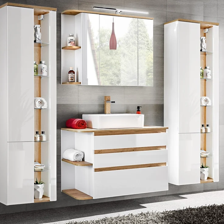 Badmöbel Set mit Keramik-Waschtisch CAMPOS-56, Hochglanz weiß mit Wotaneiche, 2 Hochschränke B/H/T: ca. 214/200/50 cm – Bild 2