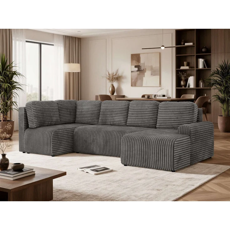 U-förmiges Sofa NESSARO COR U mit Schlaffunktion und Bettkasten, Freistehende Wohnlandschaft, DL-System, Bonellfederkern - Grau Cord - Links Seite – Bild 1