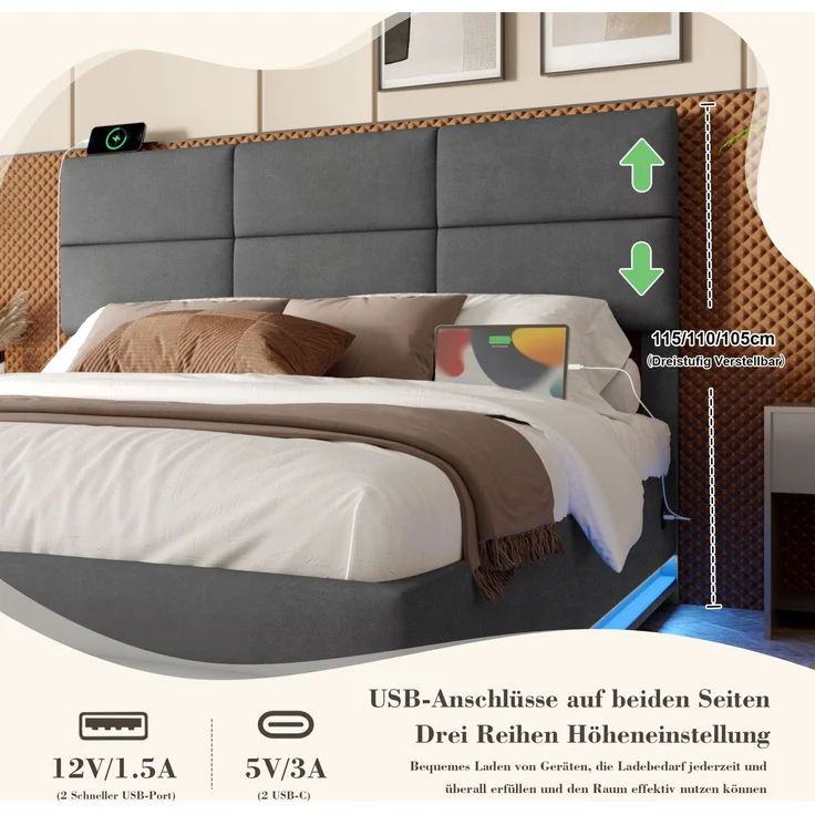 Polsterbett 180x200 cm mit LED-Beleuchtung, USB-Anschluss und Stauraum – Grau, Ohne Matratze – Bild 8