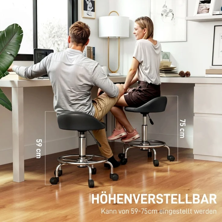 Rollhocker höhenverstellbar mit Rückenlehne Drehhocker 59-75 cm Arbeitshocker 360° drehbar Hocker Bürohocker für Büro Salon Massage Spa Schwarz--Schwarz--43x43x75cm--YOUDENOVA – Bild 4