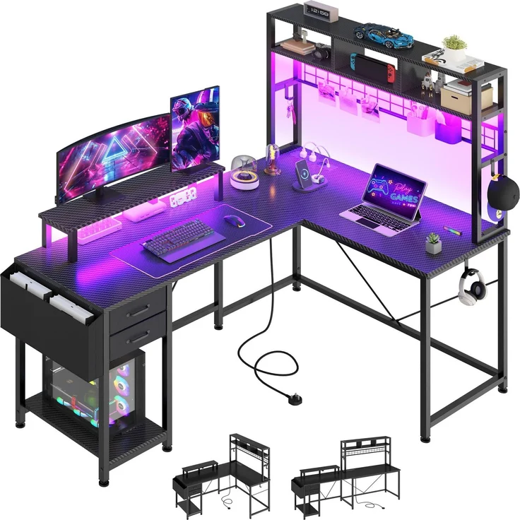 YITAHOME Gaming Tisch L Form mit Steckdosen & LED-Lichter, Schreibtisch mit Monitorständer, Reversibler Eckschreibtisch mit Regalen, Computertisch für Home Office, 150 x 100 x 150 cm, Schwarz