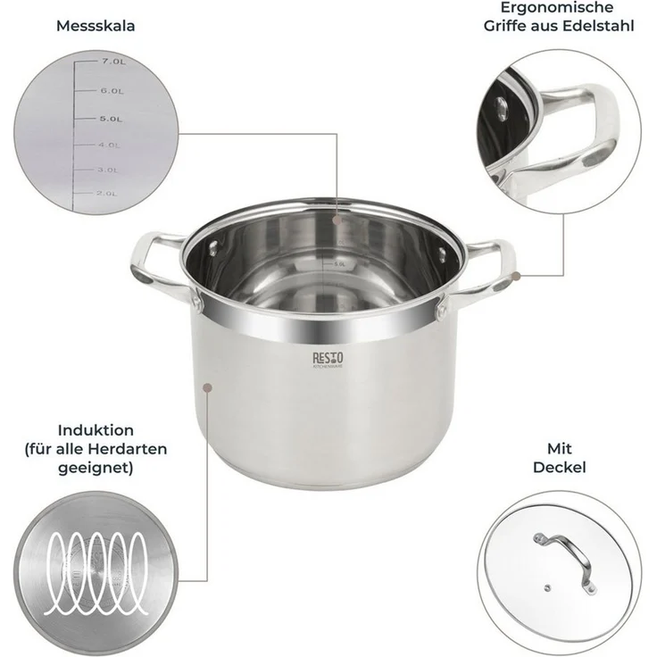 RESTO Kitchenware Kochtopf Libra, Topf energiesparend und spülmaschinenfest, Edelstahl 18/10 (2-tlg), mit hitzebeständigem Glasdeckel und Griffen – Bild 3