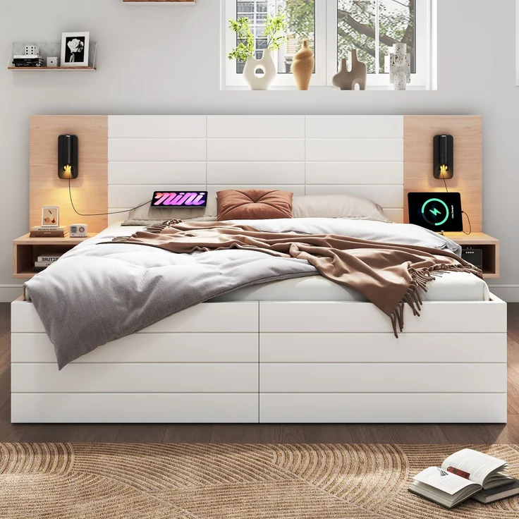 Doppelbett 160x200 cm Weiß Eiche mit Leselampe & USB-Ladeanschluss, Massivholz Bett mit Nachttisch und 2 Schubladen,inklusive Matratze – Bild 4