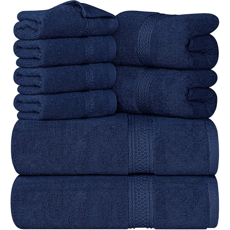 Utopia Towels - 8 teilig Handtücher Set aus Baumwolle mit Aufhänger - 2 Badetuch, 2 Handtücher und 4 Washclappen - (Marine Blau)