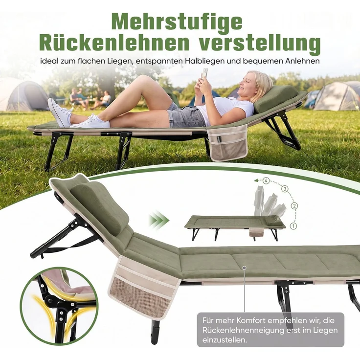Sekey Feldbett Verstellbar Campingbett Klappbar Gästebett mit Matratze und Kissen, 193 x 70 x 29 cm, Grün – Bild 2