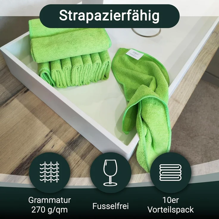 ZOLLNER 10er Set Mikrofasertücher für streifenfreien Glanz, saugstark, grün – Bild 3