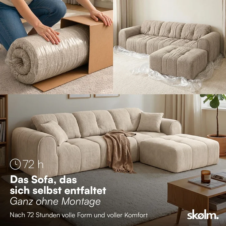 skølm 'Vanaheim' Sofa 3 Sitzer mit Hocker & 2 Kissen, Cloud Sofa beige, Chenille-Stoff, Vollschaumcouch mit Federkern und Vakuum-Kompression, kein Aufbau erforderlich – Bild 3