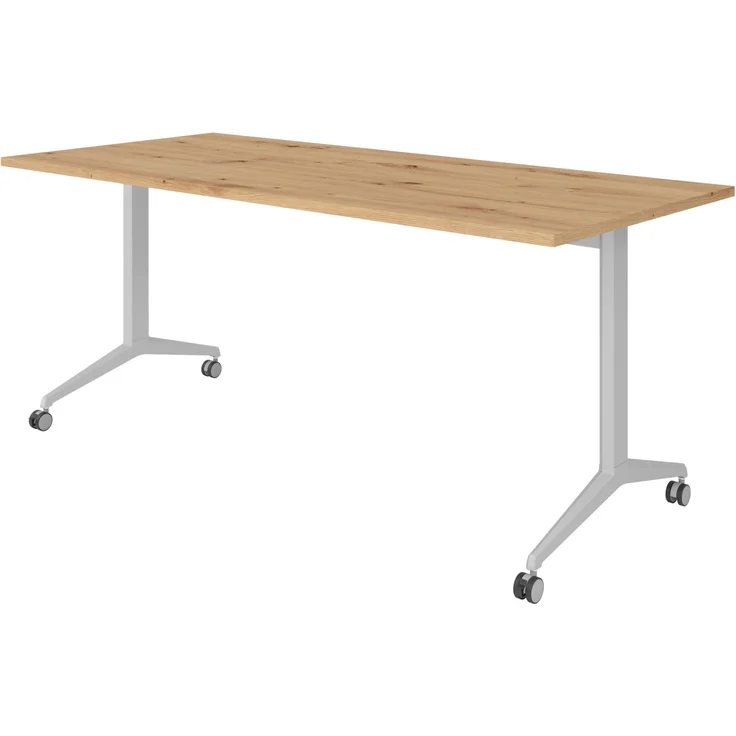 bümö Seminartisch klappbar fahrbar 180x80 cm Asteiche, Gestell silber - Klapptisch staffelbar, mit vier Doppelrollen Büro Schulungstisch, KFZ19-R-S – Bild 1