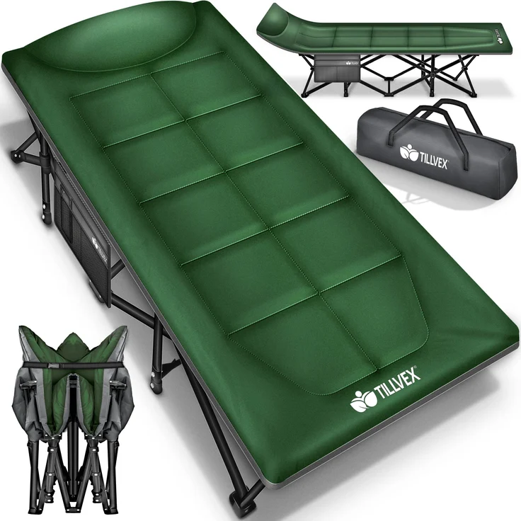 tillvex® Campingbett Grün 210 x 80 x 40 cm klappbar mit Tragetasche bis 280 kg | Campingliege extra breit | Feldbett Karpfenliege für Outdoor & Indoor | Klappbett Gästebett faltbar Garten Camping Angeln Festival Reise – Bild 6