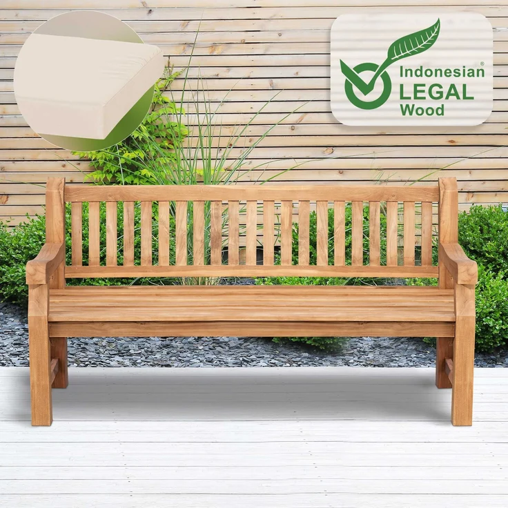 Gartenbank Teakbank DABEL - Holz Creme 180x61x93 cm | Holzbank 180 Cm Mit Sitzkissen Gartenbank Sitzbank Mit Lehne Wetterfest Bank Garten Terrasse – Bild 6