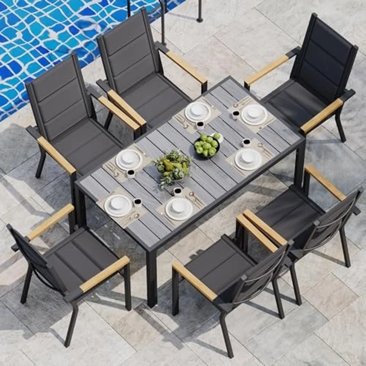 JUMMICO Gartenmöbel Set Terrassen Set Aluminium Gestell mit Holzoptik PS Tischplatte Komfortabler Hochlehner Einfach Montiert,6 Personen Set – Bild 1