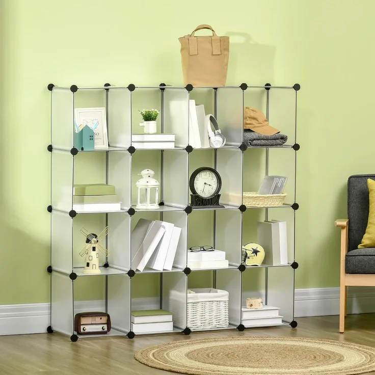 HOMCOM Kommode DIY Regalsystem mit 16 Würfeln (Aufbewahrungsregal, 1 St, DIY-Würfelregal), Kunststoff Stahl Weiß 125 x 32 x 125 cm – Bild 2