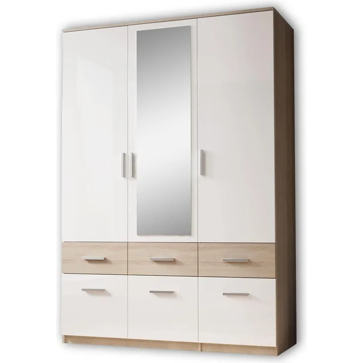 Polpower 'Box' Kleiderschrank, Drehtürenschrank 3-türig, Weiss / Eiche Sägerau, mit Spiegel, ca. 135 cm