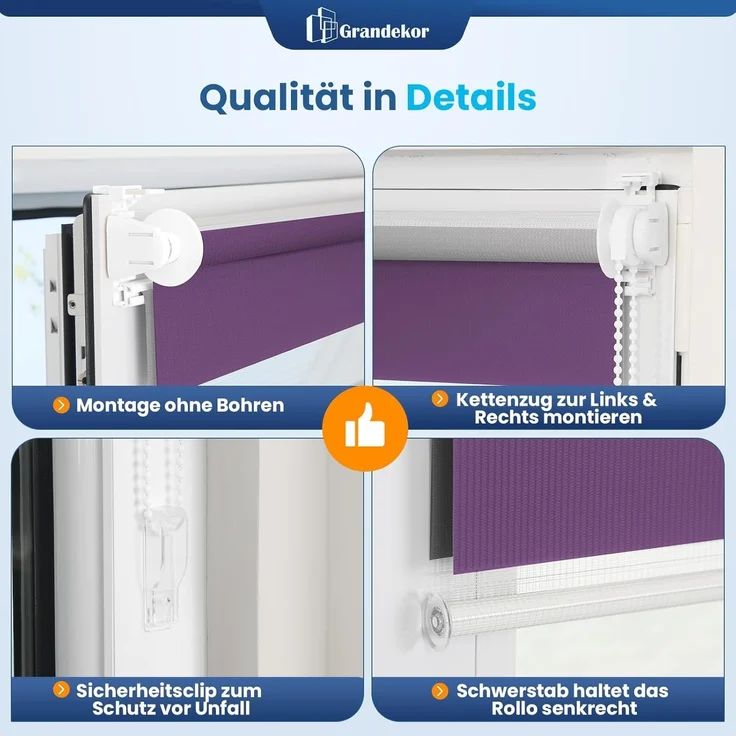 Grandekor Doppelrollo Klemmfix ohne Bohren Weiß-Anthrazit-Lia 65x150 cm(Stoffbreite 61cm) Fenster Rollos für innen Klemmrollos Duo Rollos für Fenster ohne Bohren mit Bohren Privatschutz Zebrarollo – Bild 5