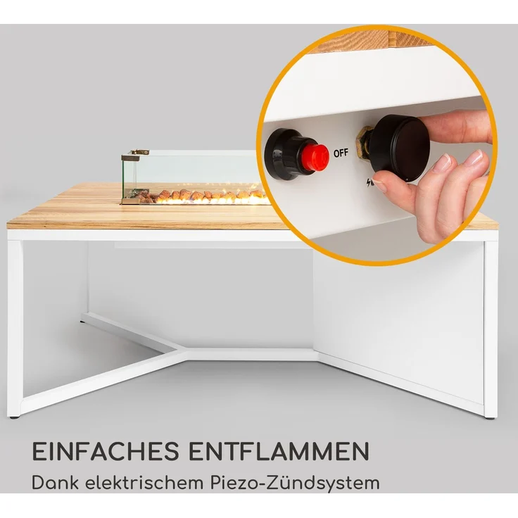 Tofino Gasheizer mit Tisch Metall Eichenholz Lavasteine 7 kW Weiß – Bild 11